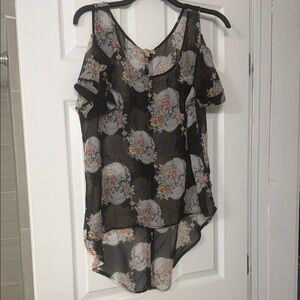 Cecico Black Sheer Cold-Shoulder Tunic with Floral Skull Print